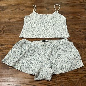 Brandy Melville Pajama Tank and Shorts Set Blue and White Floral Pattern
